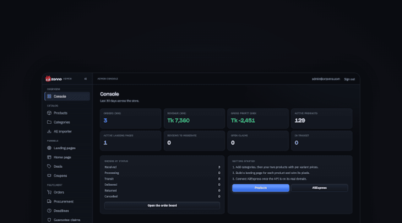 E-commerce order and product console