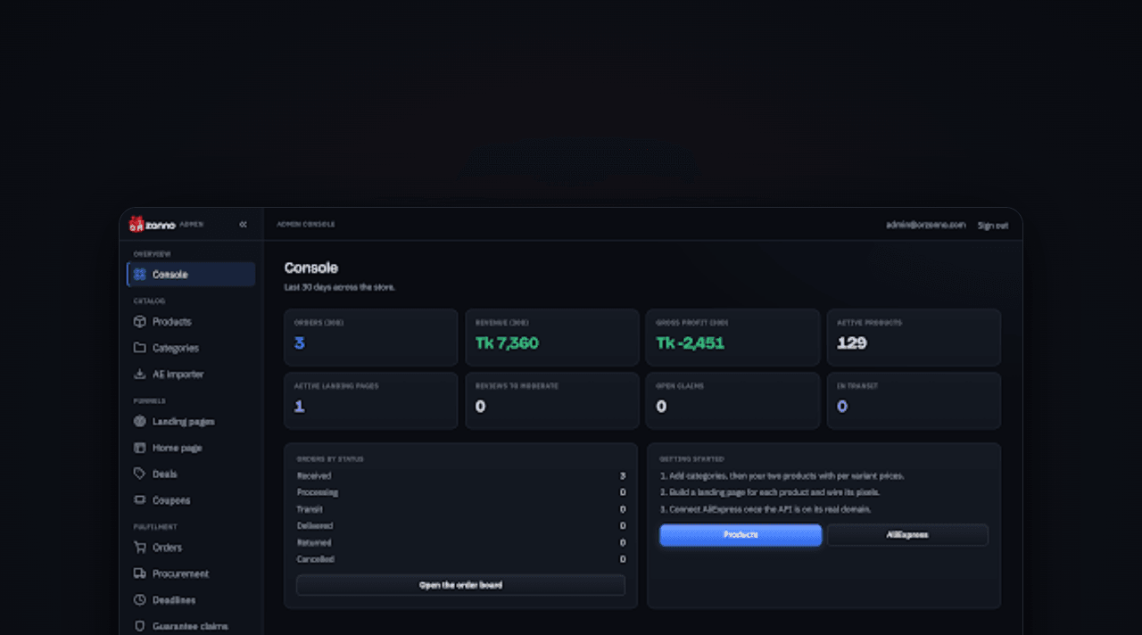 E-commerce order and product console