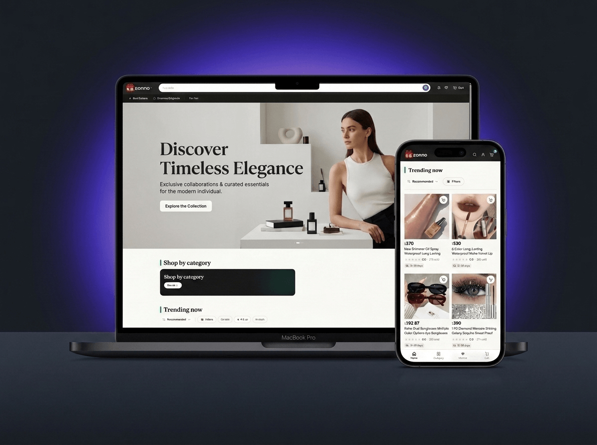 Fashion e-commerce storefront on desktop and mobile